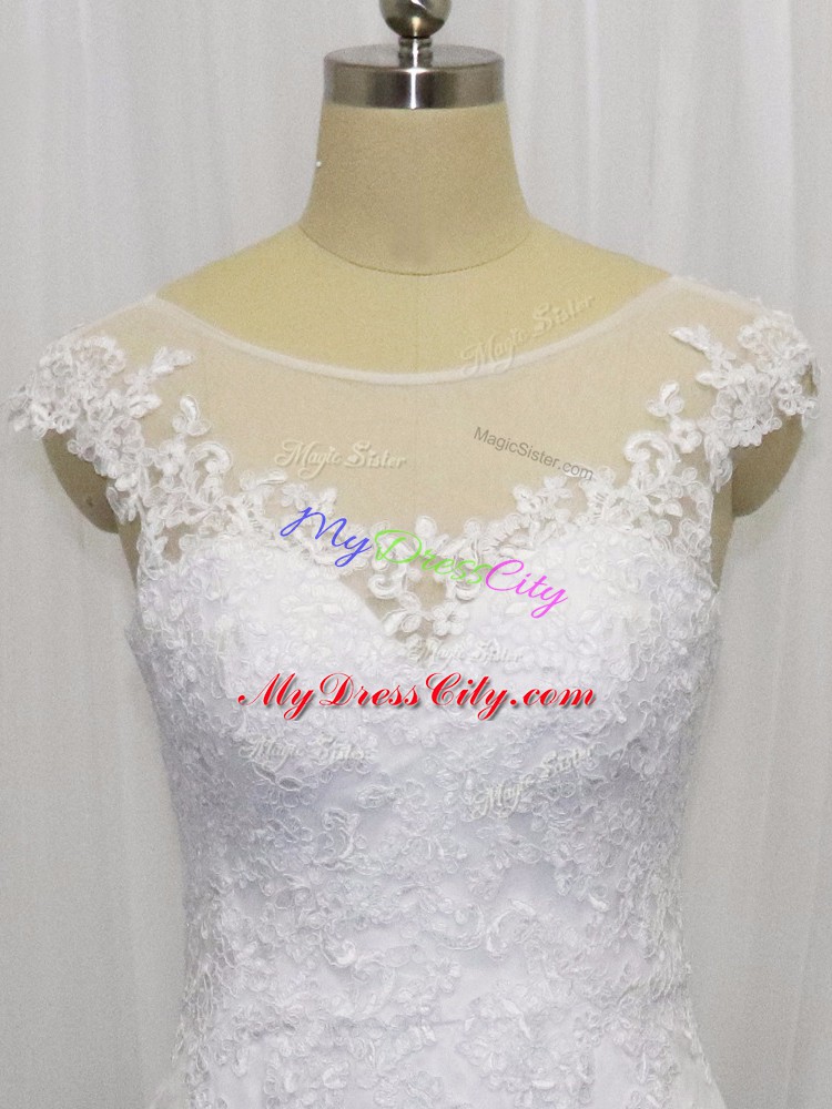 Extravagant White Sleeveless Brush Train Lace Wedding Dress