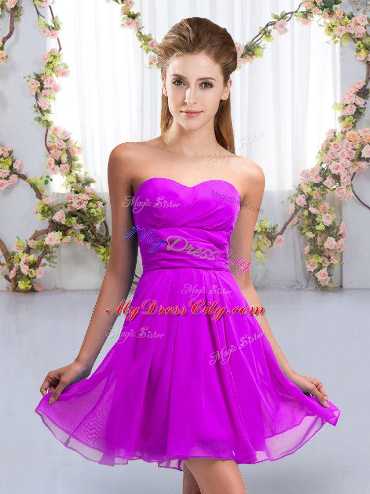 Graceful Purple Empire Chiffon Sweetheart Sleeveless Ruching Mini Length Lace Up Wedding Guest Dresses