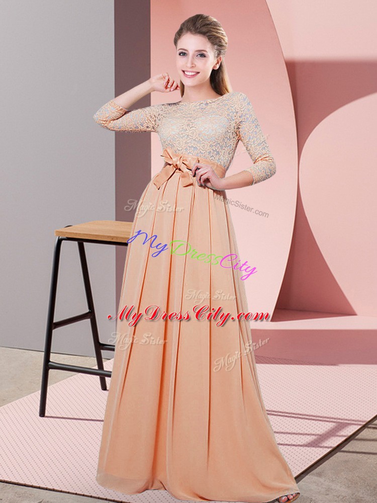 Lace and Belt Wedding Party Dress Peach Side Zipper 3 4 Length Sleeve Floor Length