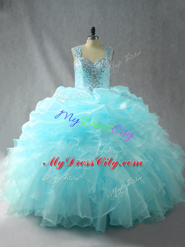 Extravagant Beading and Ruffles Vestidos de Quinceanera Aqua Blue Zipper Sleeveless