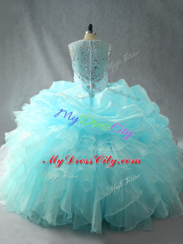 Extravagant Beading and Ruffles Vestidos de Quinceanera Aqua Blue Zipper Sleeveless