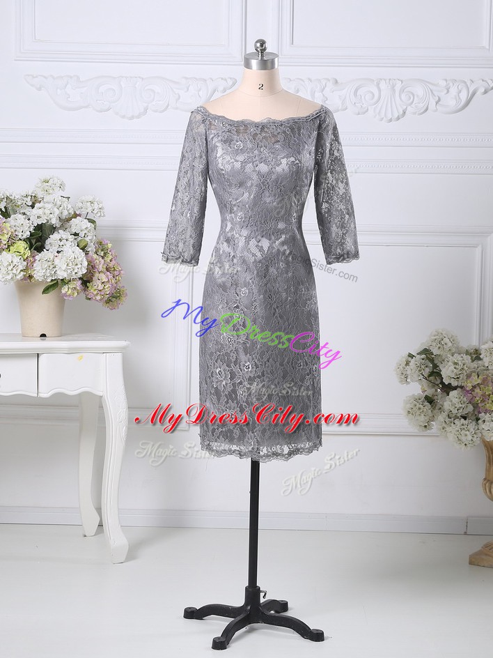 Super Grey Column/Sheath Lace Prom Evening Gown Zipper Lace Half Sleeves Knee Length