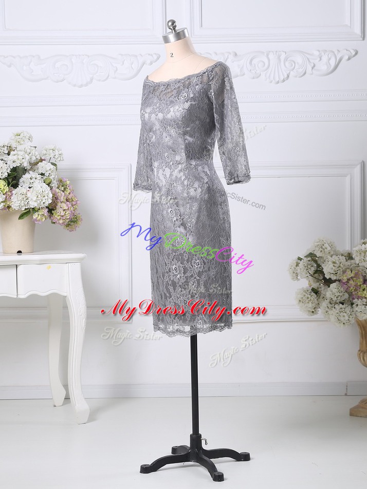 Super Grey Column/Sheath Lace Prom Evening Gown Zipper Lace Half Sleeves Knee Length