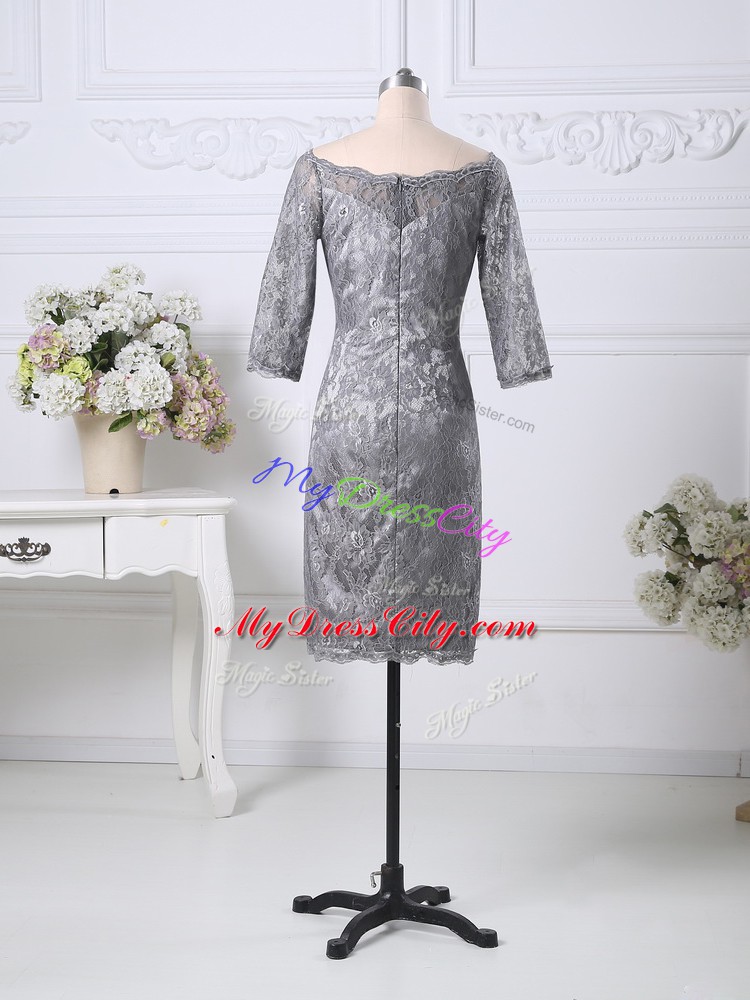 Super Grey Column/Sheath Lace Prom Evening Gown Zipper Lace Half Sleeves Knee Length