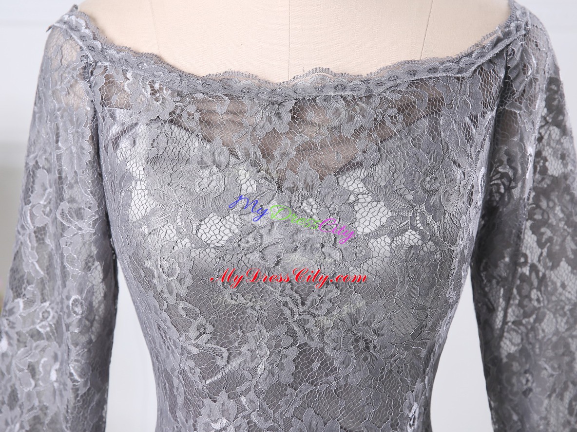 Super Grey Column/Sheath Lace Prom Evening Gown Zipper Lace Half Sleeves Knee Length