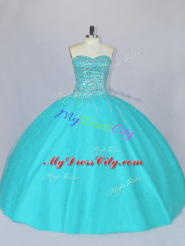 Aqua Blue Ball Gowns Sweetheart Sleeveless Tulle Floor Length Lace Up Beading Ball Gown Prom Dress