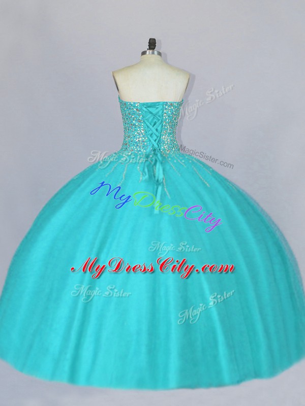 Aqua Blue Ball Gowns Sweetheart Sleeveless Tulle Floor Length Lace Up Beading Ball Gown Prom Dress