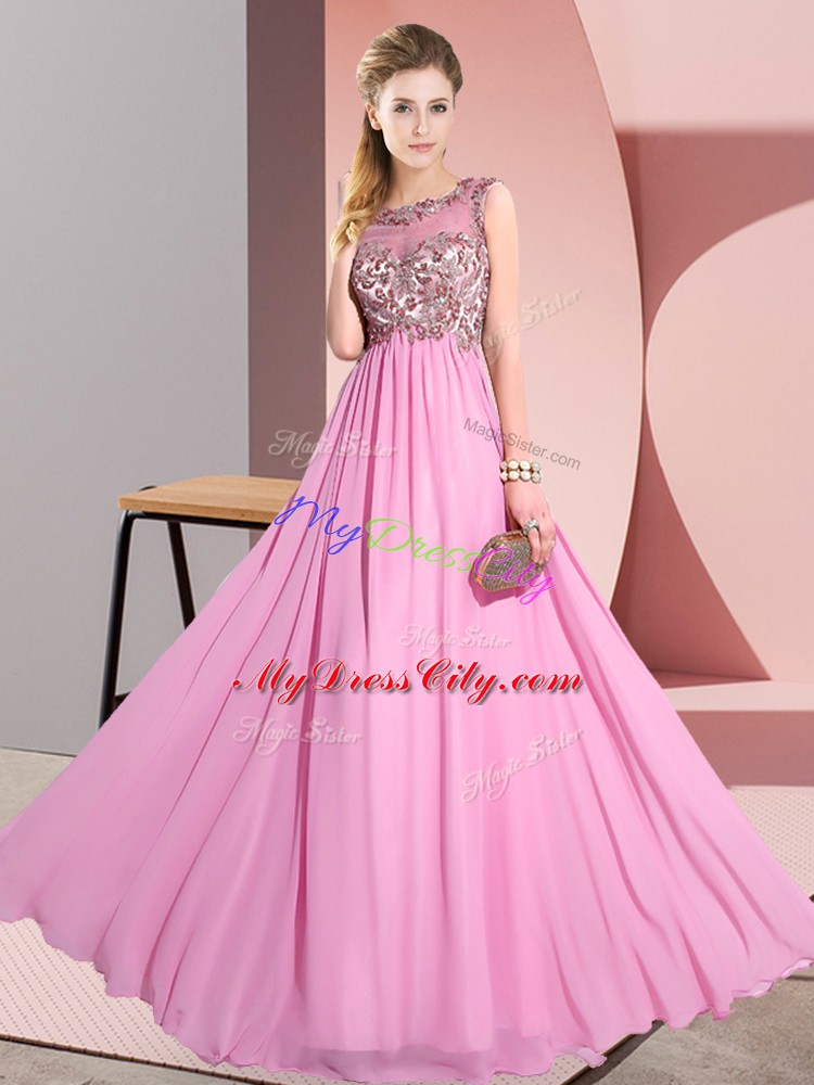 Chiffon Sleeveless Floor Length Bridesmaids Dress and Beading and Appliques