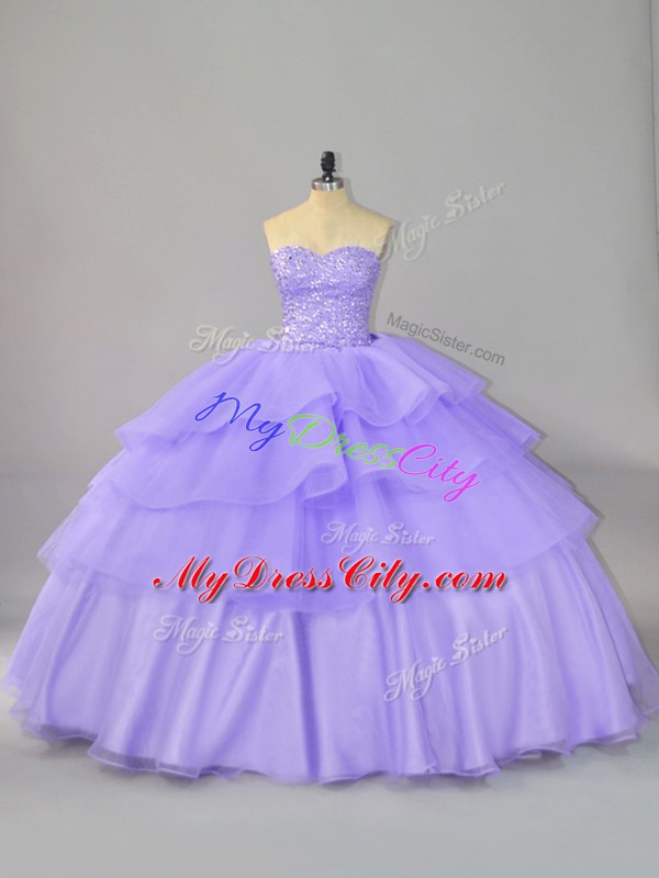 Customized Lace Up Vestidos de Quinceanera Lavender for Sweet 16 and Quinceanera with Beading and Ruffled Layers