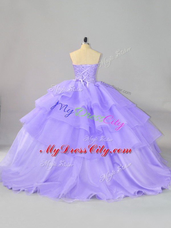 Customized Lace Up Vestidos de Quinceanera Lavender for Sweet 16 and Quinceanera with Beading and Ruffled Layers