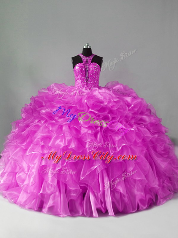 Glorious Beading and Ruffles Sweet 16 Quinceanera Dress Lilac Zipper Sleeveless Brush Train