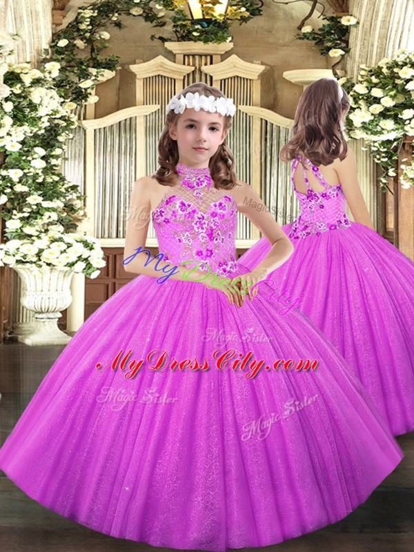 Elegant Tulle Halter Top Sleeveless Lace Up Appliques Pageant Dress for Girls in Lilac