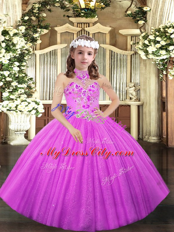 Elegant Tulle Halter Top Sleeveless Lace Up Appliques Pageant Dress for Girls in Lilac