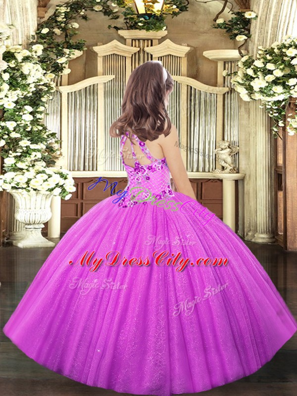 Elegant Tulle Halter Top Sleeveless Lace Up Appliques Pageant Dress for Girls in Lilac