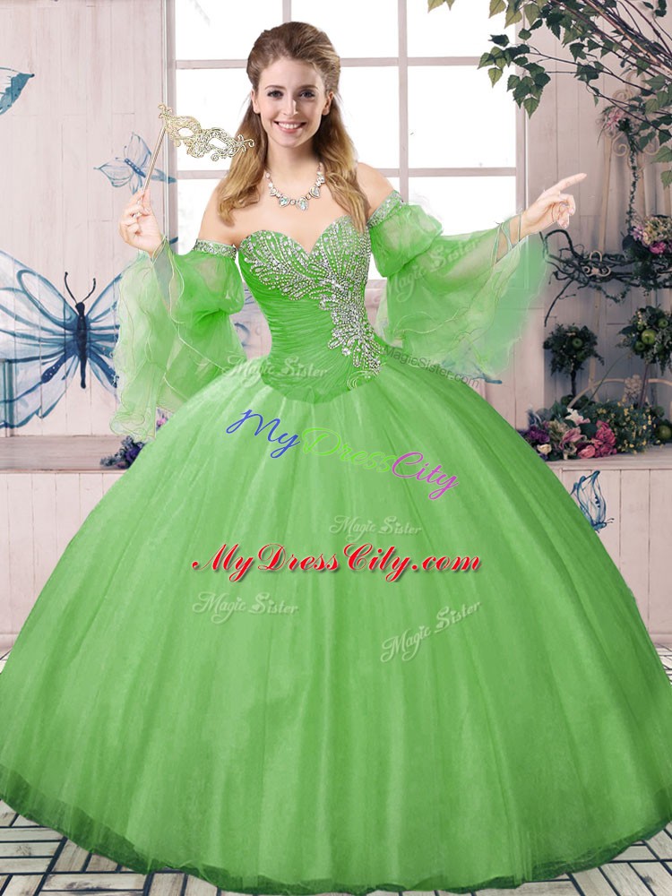 Long Sleeves Tulle Floor Length Lace Up Quinceanera Dresses in Green with Beading