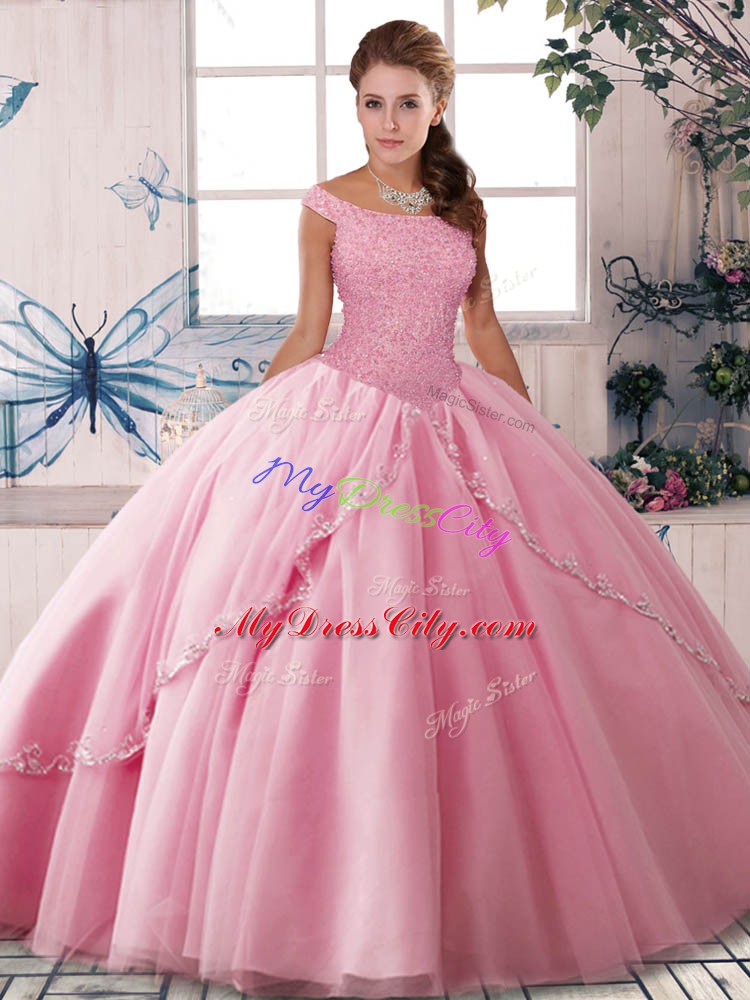 High End Rose Pink Ball Gowns Tulle Off The Shoulder Sleeveless Beading Lace Up Sweet 16 Dresses Brush Train