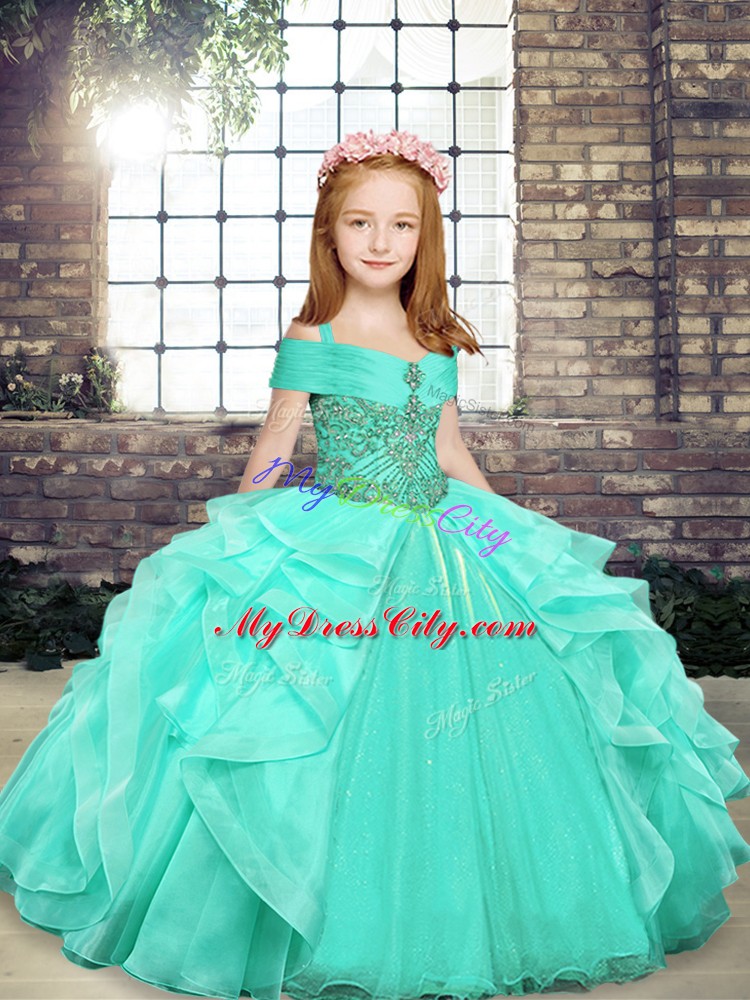 Apple Green Sleeveless Floor Length Beading Lace Up Kids Formal Wear