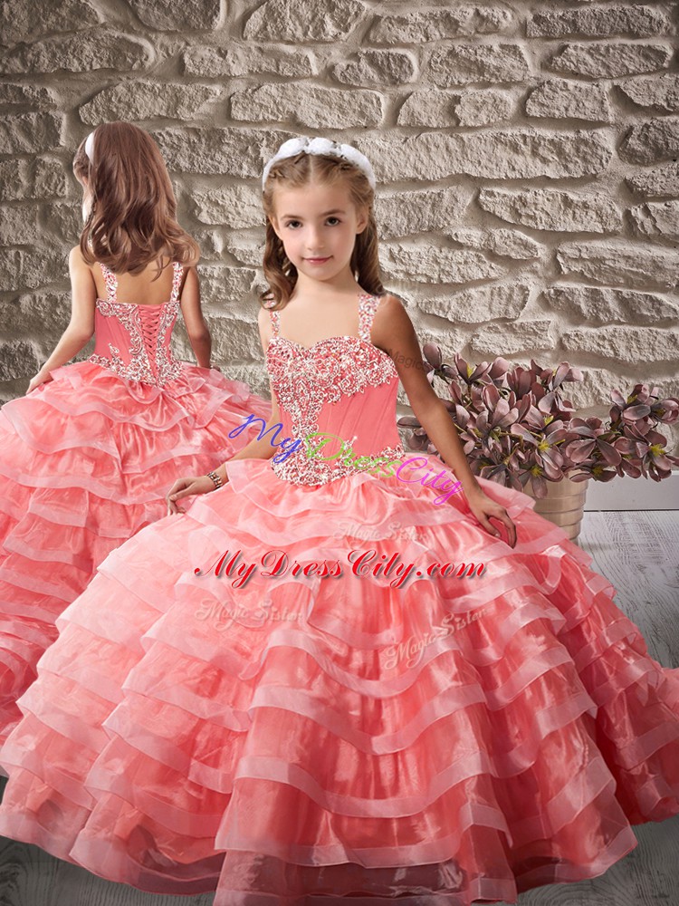 Watermelon Red Straps Lace Up Beading and Ruffled Layers Pageant Gowns Brush Train