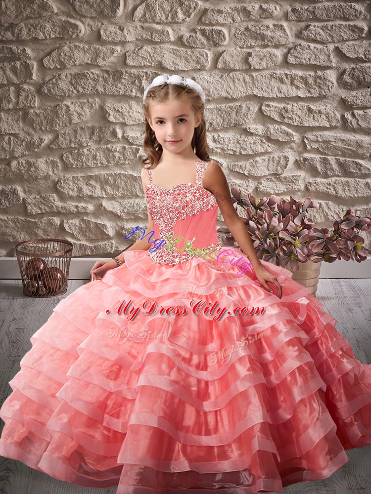 Watermelon Red Straps Lace Up Beading and Ruffled Layers Pageant Gowns Brush Train