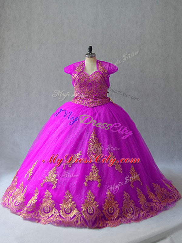 Fuchsia Sweetheart Neckline Beading and Appliques Quinceanera Dress Sleeveless Lace Up