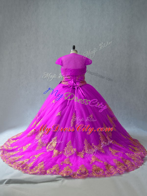 Fuchsia Sweetheart Neckline Beading and Appliques Quinceanera Dress Sleeveless Lace Up