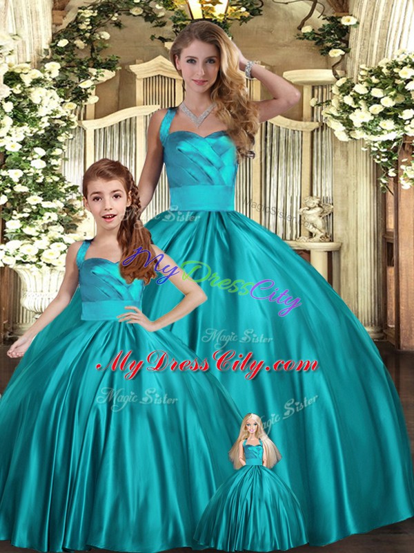 Hot Selling Teal Ball Gowns Satin Halter Top Sleeveless Ruching Floor Length Lace Up Sweet 16 Dress