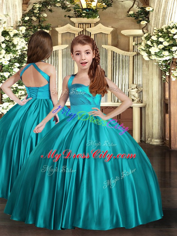 Hot Selling Teal Ball Gowns Satin Halter Top Sleeveless Ruching Floor Length Lace Up Sweet 16 Dress