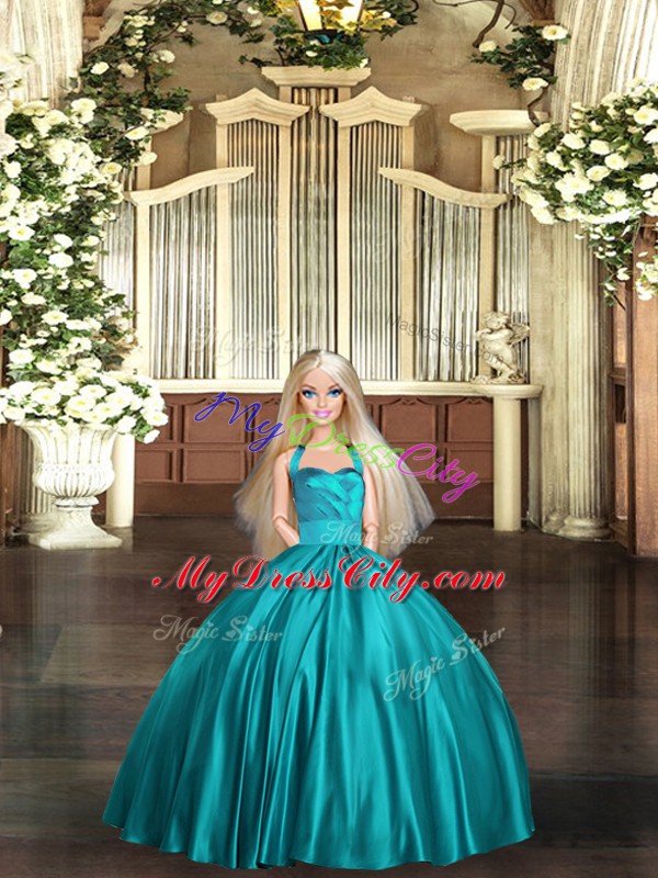 Hot Selling Teal Ball Gowns Satin Halter Top Sleeveless Ruching Floor Length Lace Up Sweet 16 Dress