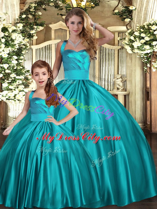 Hot Selling Teal Ball Gowns Satin Halter Top Sleeveless Ruching Floor Length Lace Up Sweet 16 Dress