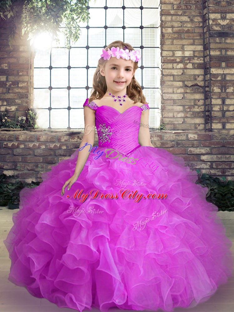 Fuchsia Ball Gowns Beading and Ruffles Little Girl Pageant Gowns Lace Up Organza Sleeveless Floor Length