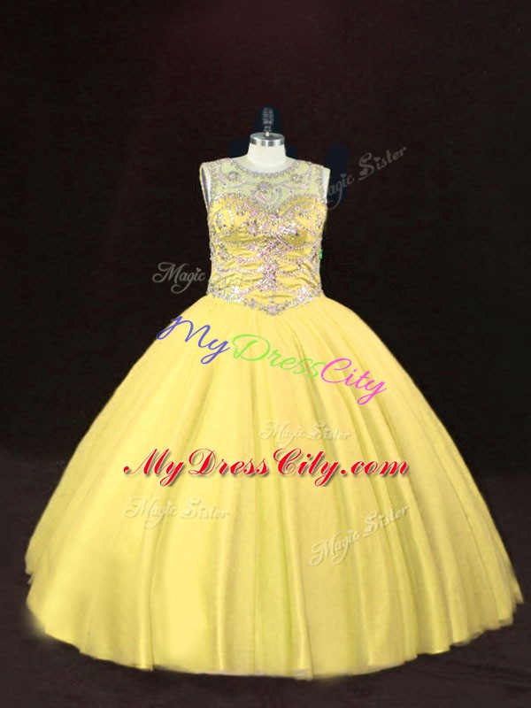 Traditional Scoop Sleeveless Sweet 16 Quinceanera Dress Floor Length Beading Gold Tulle