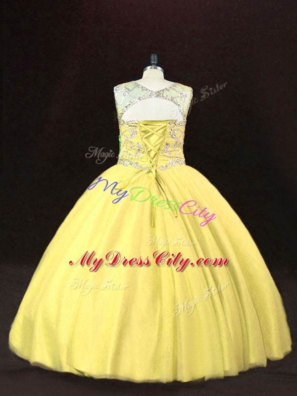 Traditional Scoop Sleeveless Sweet 16 Quinceanera Dress Floor Length Beading Gold Tulle