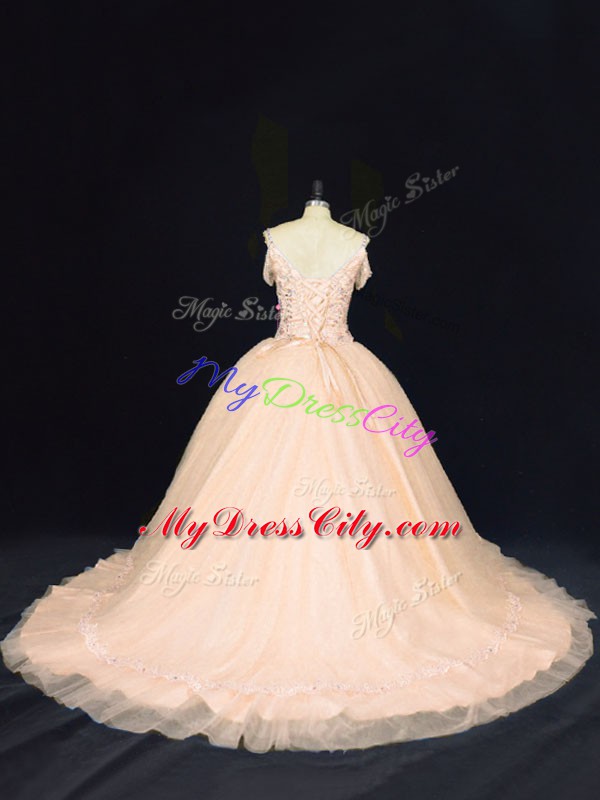 Chic Peach Sleeveless Tulle Court Train Zipper 15 Quinceanera Dress for Sweet 16 and Quinceanera