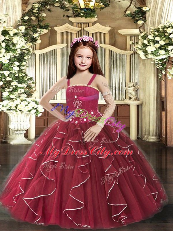 Excellent Sleeveless Tulle Floor Length Lace Up Pageant Dress for Teens in Burgundy with Beading and Ruffles