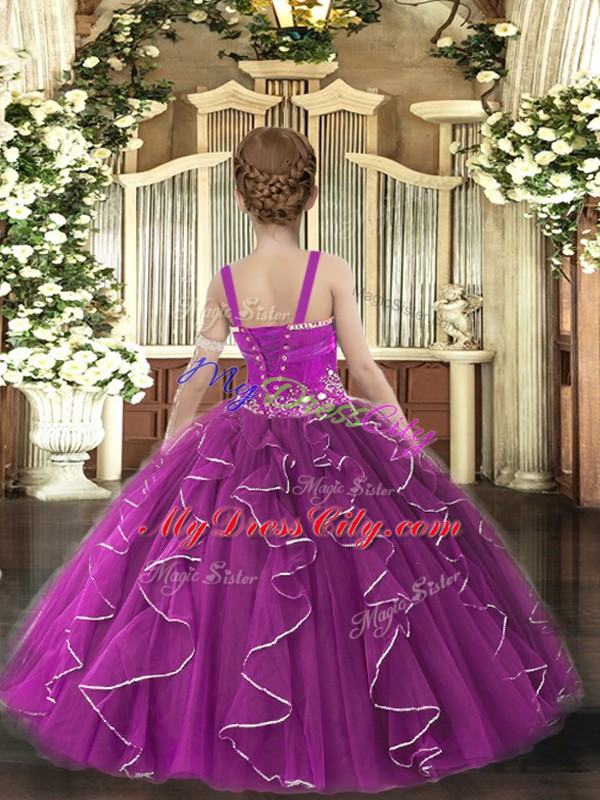 Excellent Sleeveless Tulle Floor Length Lace Up Pageant Dress for Teens in Burgundy with Beading and Ruffles