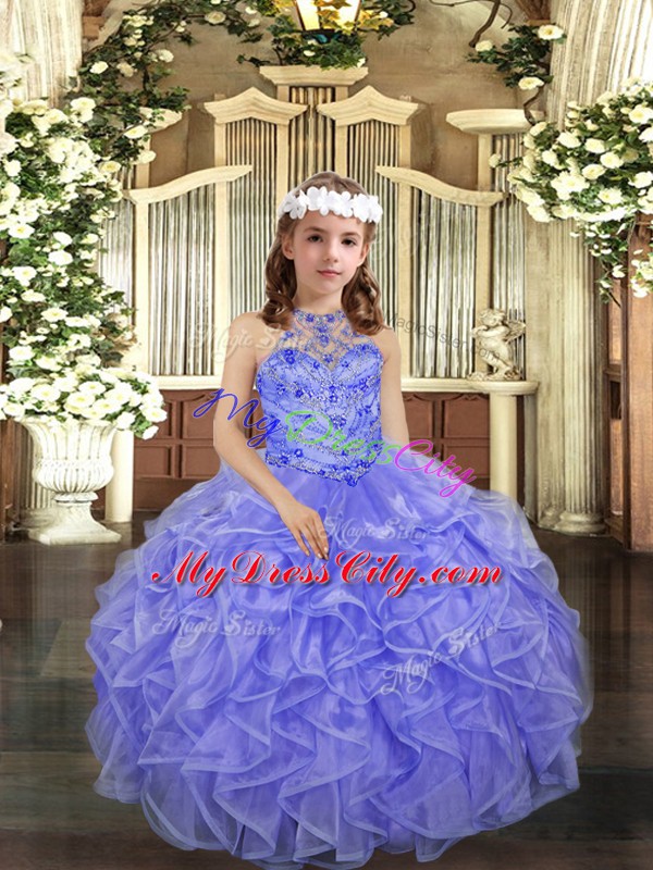 Lavender Halter Top Lace Up Beading and Ruffles Girls Pageant Dresses Sleeveless