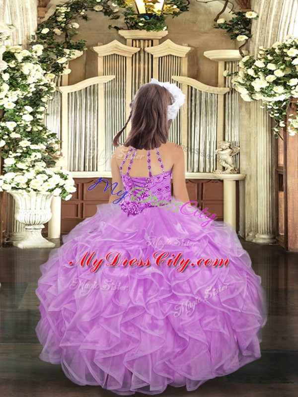 Lavender Halter Top Lace Up Beading and Ruffles Girls Pageant Dresses Sleeveless