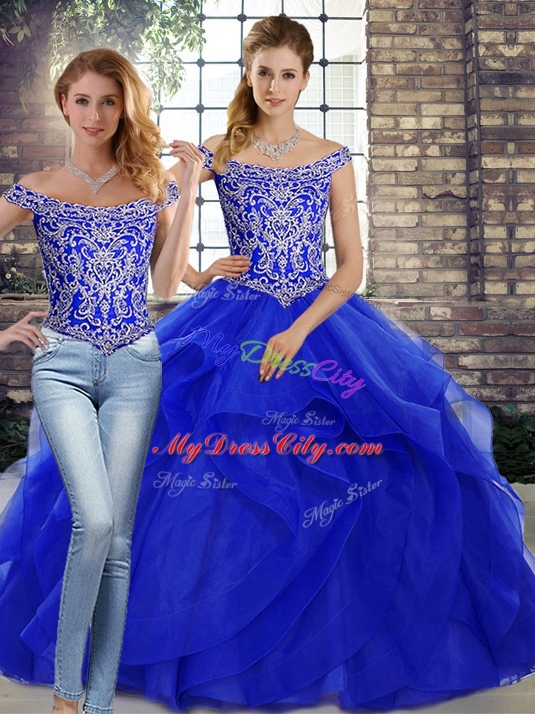 Tulle Off The Shoulder Sleeveless Brush Train Lace Up Beading and Ruffles Sweet 16 Quinceanera Dress in Royal Blue