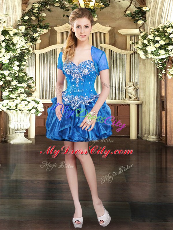 Glittering Sweetheart Sleeveless Celebrity Prom Dress Mini Length Beading and Ruffles Blue Organza