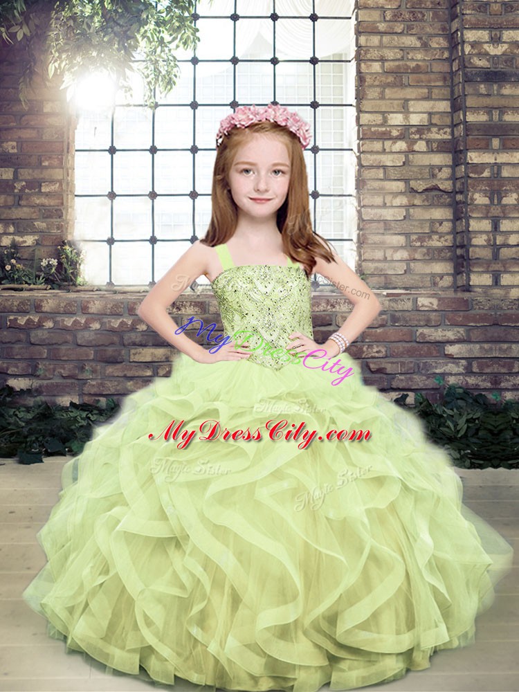 Great Yellow Green Straps Lace Up Beading and Ruffles Kids Pageant Dress Sleeveless