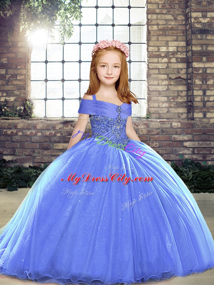 Blue Lace Up Little Girls Pageant Dress Beading Sleeveless Brush Train