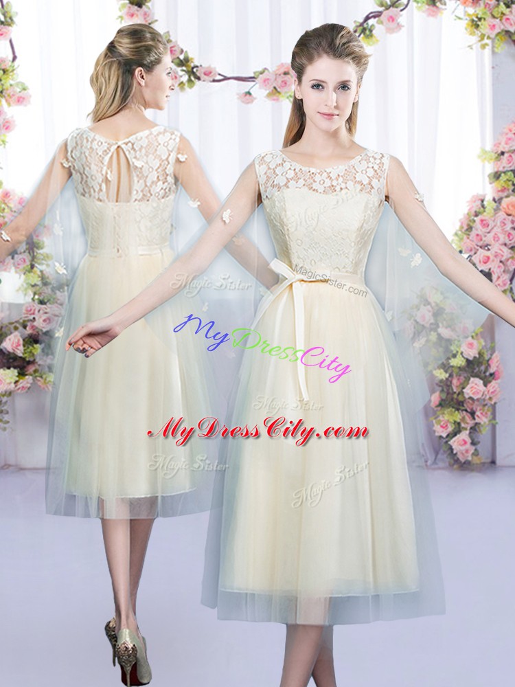 Tulle Sleeveless Tea Length Bridesmaid Dresses and Lace and Belt