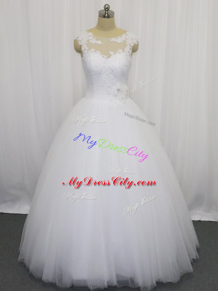 White Tulle Clasp Handle Wedding Dresses Sleeveless Floor Length Beading and Lace and Hand Made Flower