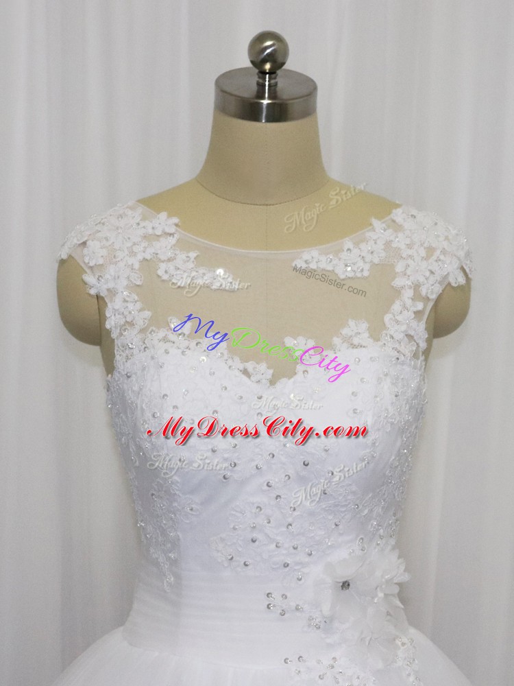 White Tulle Clasp Handle Wedding Dresses Sleeveless Floor Length Beading and Lace and Hand Made Flower