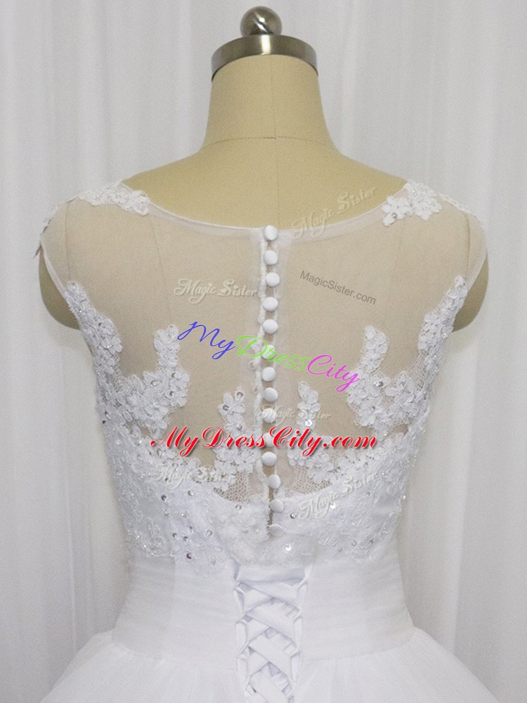 White Tulle Clasp Handle Wedding Dresses Sleeveless Floor Length Beading and Lace and Hand Made Flower