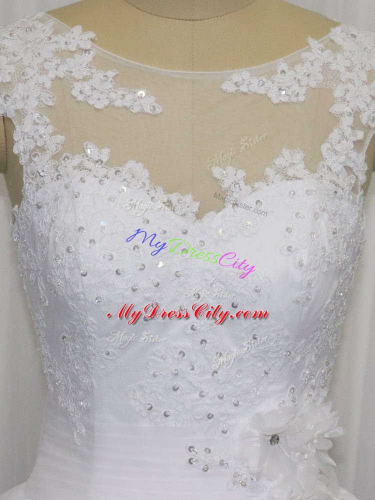 White Tulle Clasp Handle Wedding Dresses Sleeveless Floor Length Beading and Lace and Hand Made Flower