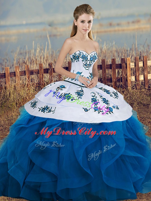 Tulle Sleeveless Floor Length Sweet 16 Quinceanera Dress and Embroidery and Ruffles and Bowknot