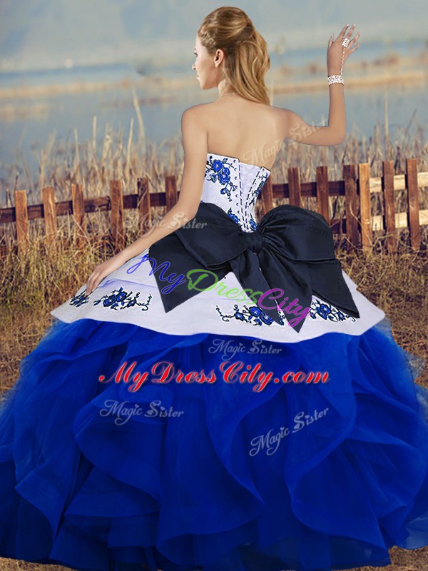 Tulle Sleeveless Floor Length Sweet 16 Quinceanera Dress and Embroidery and Ruffles and Bowknot