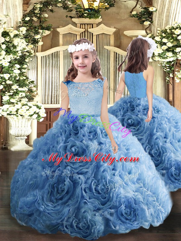 Floor Length Zipper Little Girls Pageant Dress Blue for Party and Military Ball and Wedding Party with Beading