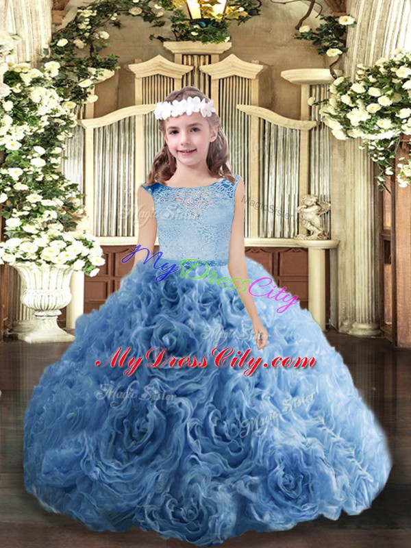 Floor Length Zipper Little Girls Pageant Dress Blue for Party and Military Ball and Wedding Party with Beading